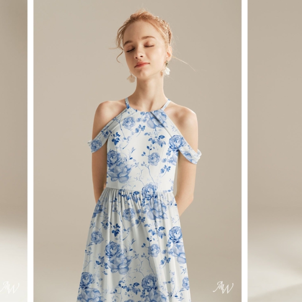 Floral Blue and White Long Girls/ Junior Dress
